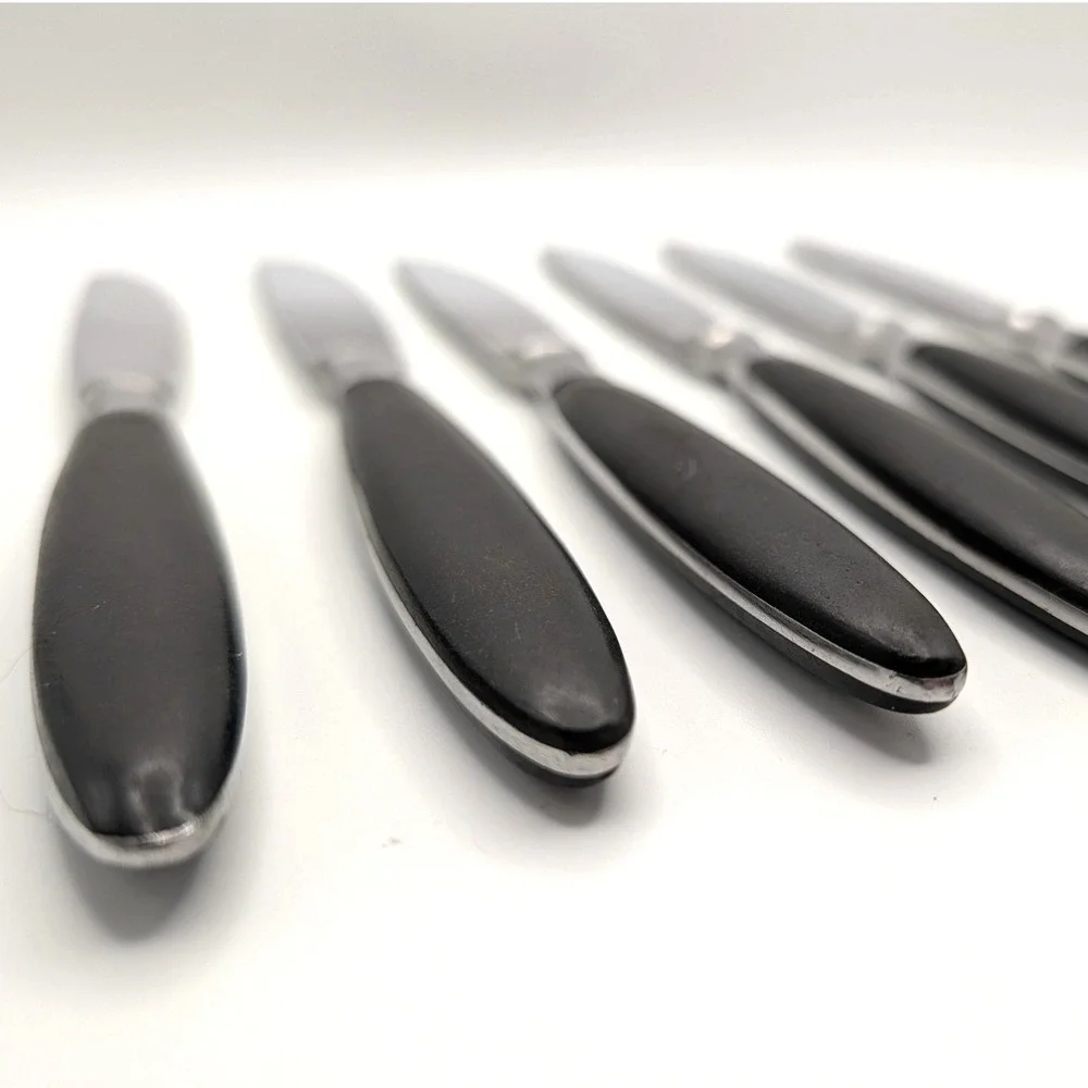 Halco Steak Knives Set of 6 Vintage Stainless Japan Black Handle MCM Full Tang